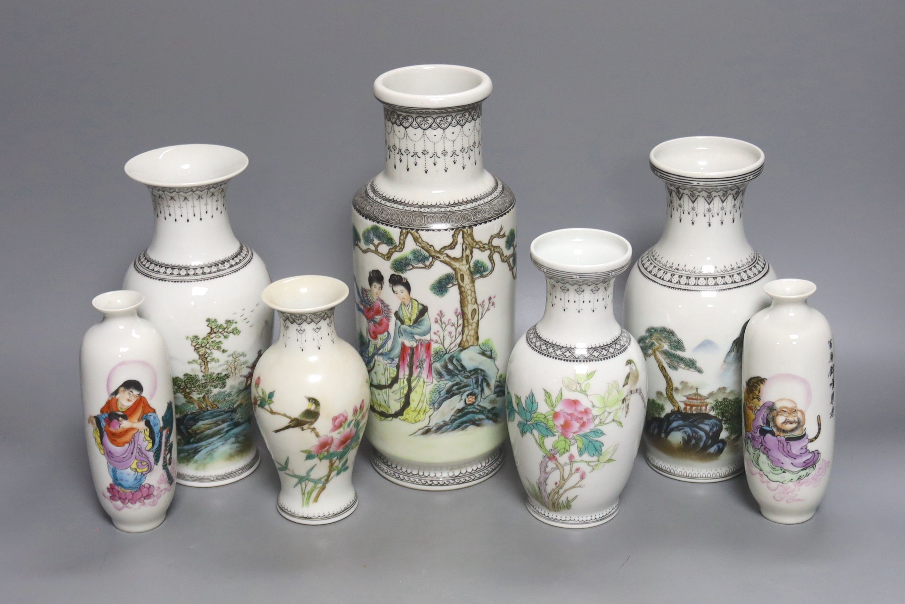 A group of seven Chinese famille rose vases, 20th century